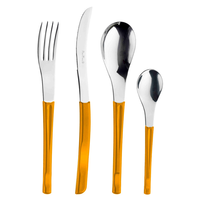 Set da posate composto da forchetta, coltello, cucchiaio e cucchiaino con manico arancione e lame e teste in