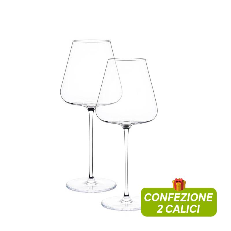 Due calici trasparenti in vetro con stelo sottile e ampia coppa, sfondo bianco, con etichetta verde "CONFEZIONE 2 CALICI