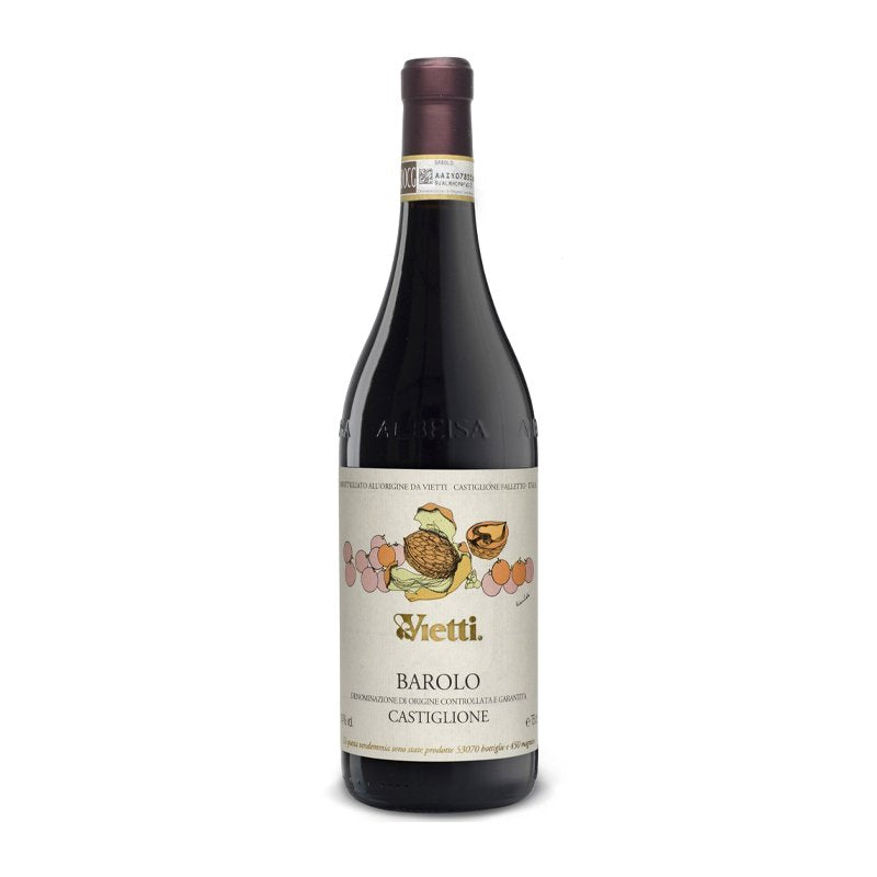 Bottiglia di vino Barolo Castiglione con etichetta beige, disegno di noci e grappoli d’uva, capsula color borgogna.