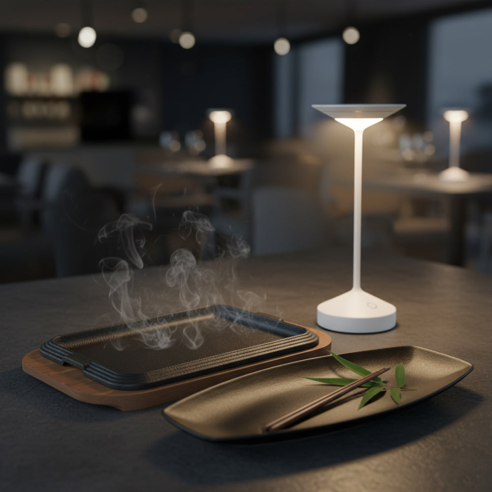 lampada bianca moderna accesa, piatto nero ovale con bacchette e foglie verdi, teglia quadrata nera con base legno, tavolo scuro in interno sfocato