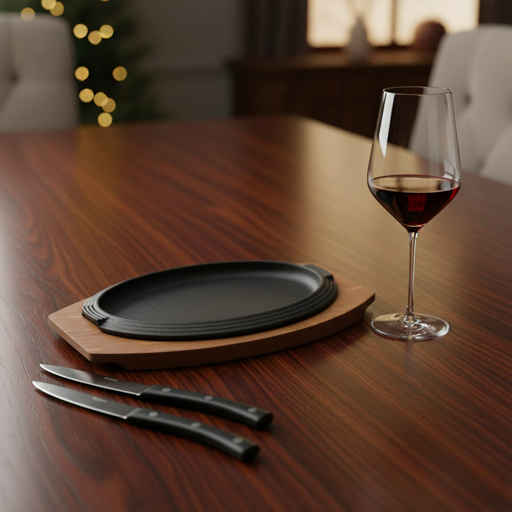 Bicchiere di vetro trasparente con vino rosso, piatto ovale nero su base legno chiaro e due coltelli con manico nero su tavolo legno scuro.