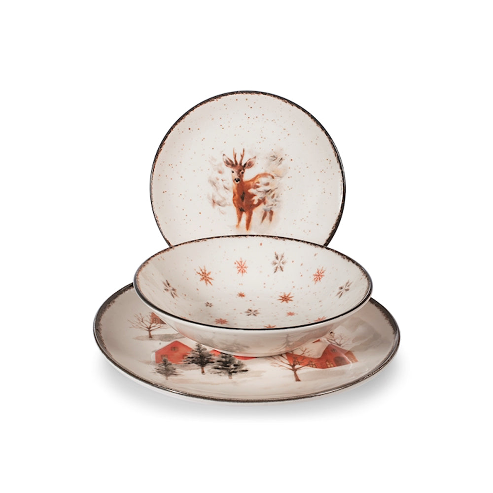 H&H Fairytale Charm Servizio Piatti Con Decoro Natalizio In Stoneware Set 18 Pz