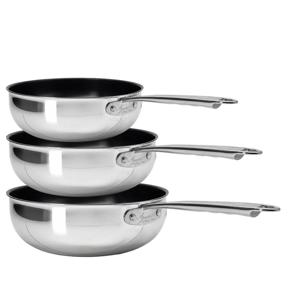 28-24-20 cm - Agnelli 2-Ply Tris Padelle Alte Mantecare Antiaderenti In Alluminio Acciaio Inox Con Manico 1907 - Set 3 Pz
