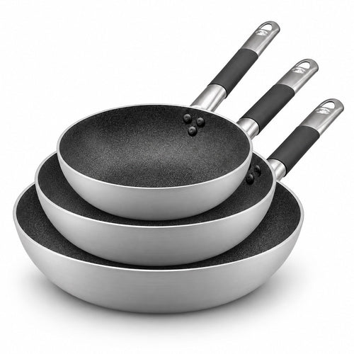 32-28-24 cm - Agnelli SharkSkin Set de 3 poêles hautes évasées antiadhésives induction en aluminium avec manche Cool Inox - Set 3 pièces