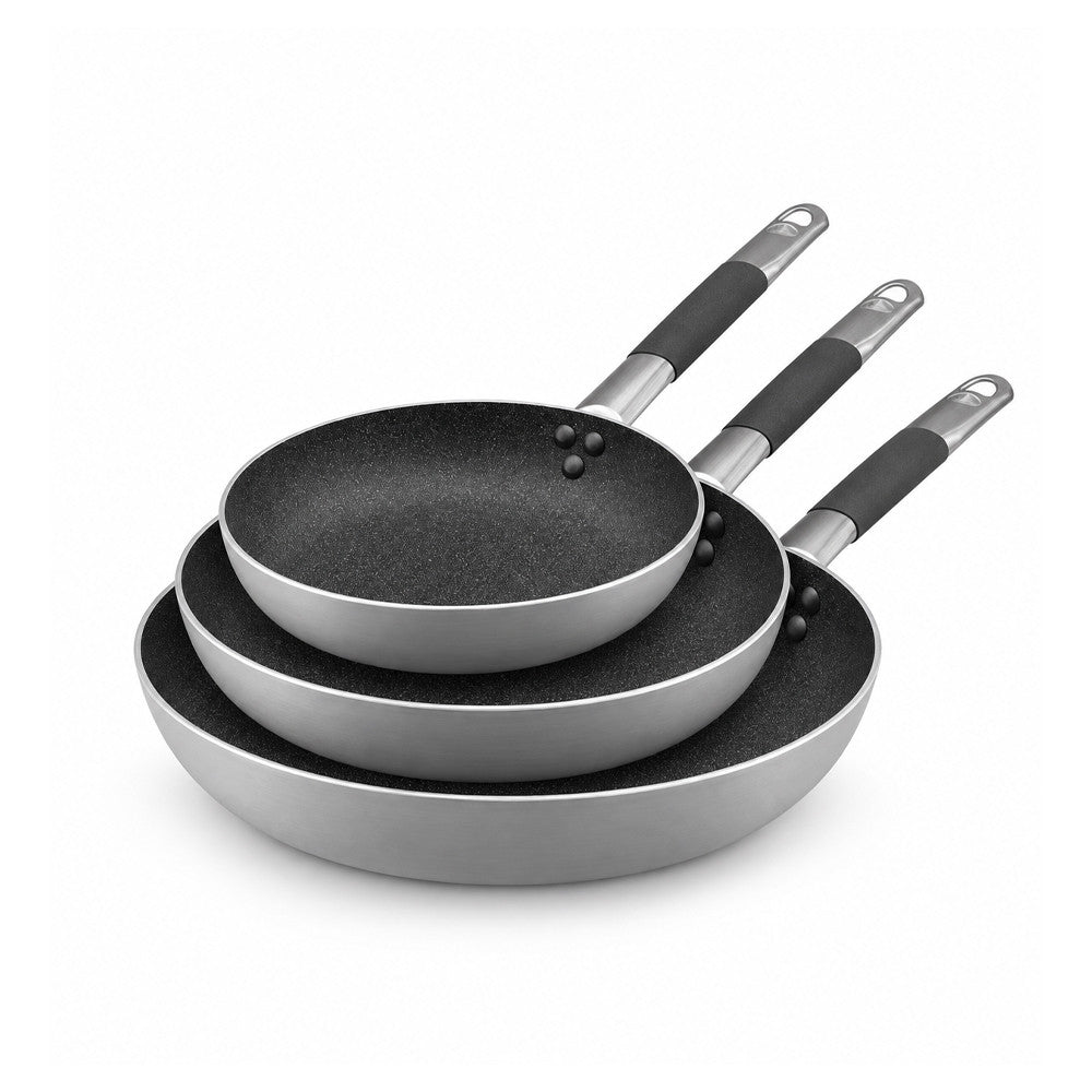 28-24-20 cm - Agnelli SharkSkin Tris Padelle Basse Svasate Antiaderenti In Alluminio Con Manico Cool Inox - Set 3 Pz