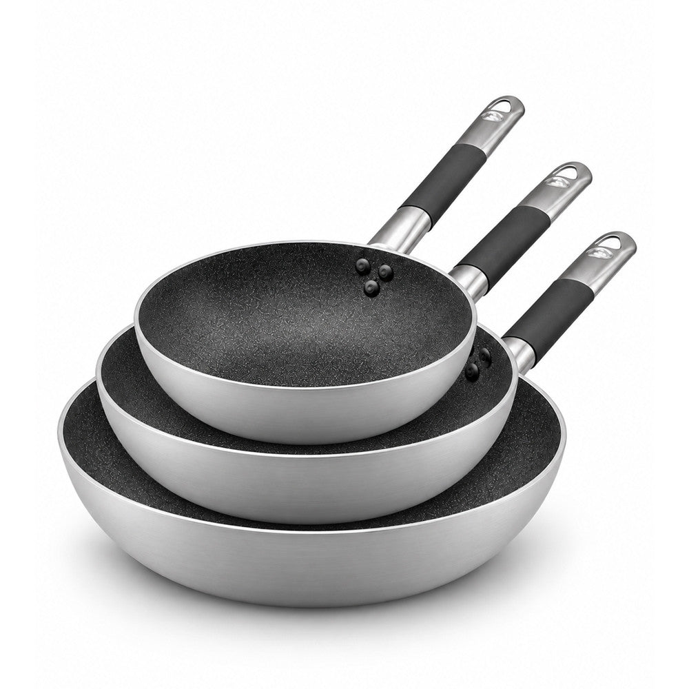 28-24-20 cm - Agnelli SharkSkin Tris Padelle Alte Svasate Antiaderenti In Alluminio Con Manico Cool Inox - Set 3 Pz