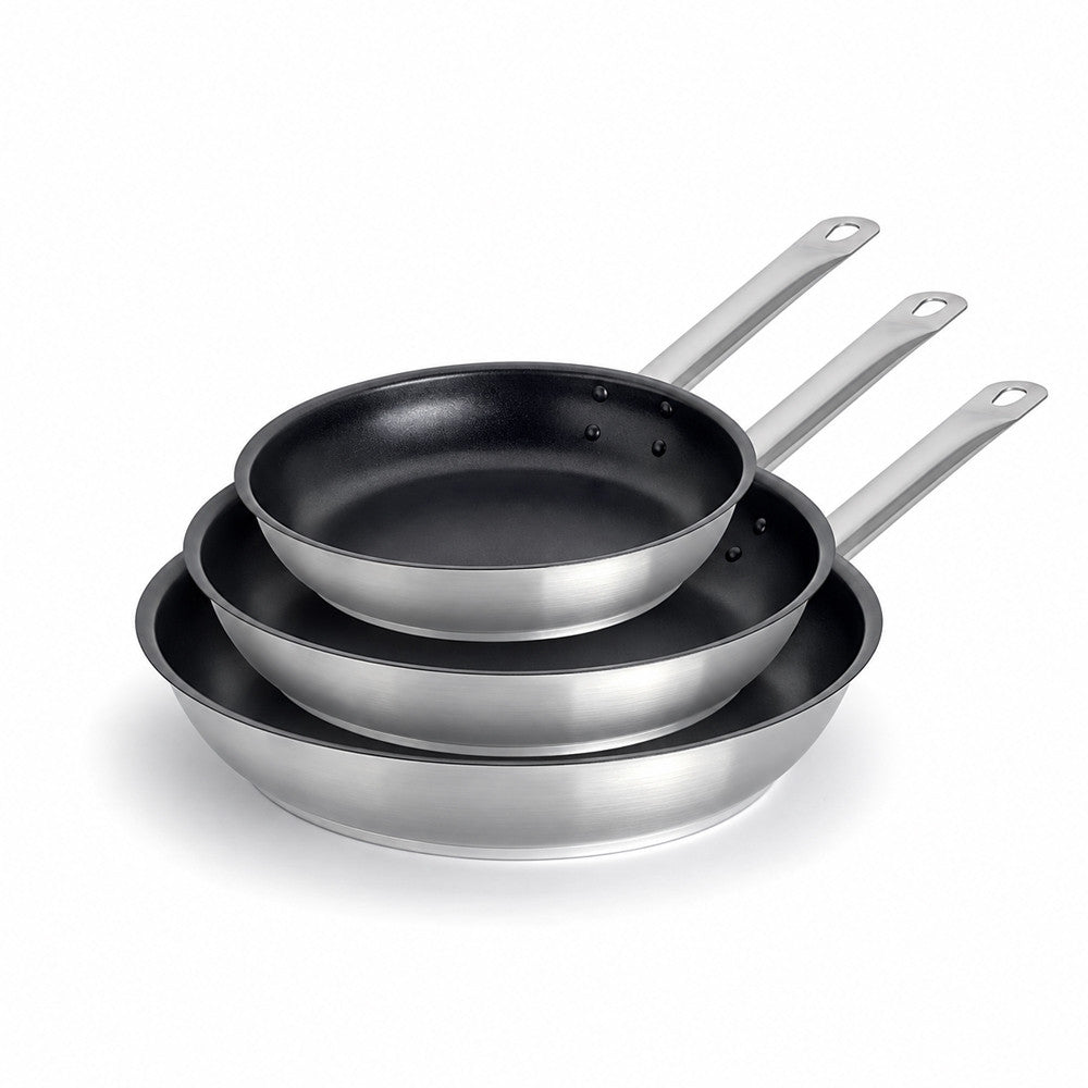 28-24-20 cm - Agnelli Acciaio Inox Tris Padelle Basse Antiaderenti Induzione In Acciaio Inox Con Manico Acciaio Inox - Set 3 Pz
