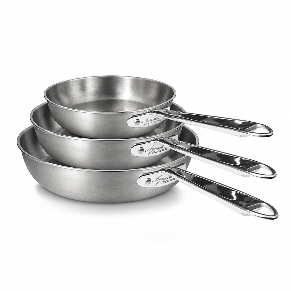 28-24-20 cm - Agnelli Alu-Inox 3-Ply Tris Padelle Alte Induzione In Alluminio Acciaio Inox Con Manico Tubolare - Set 3 Pz