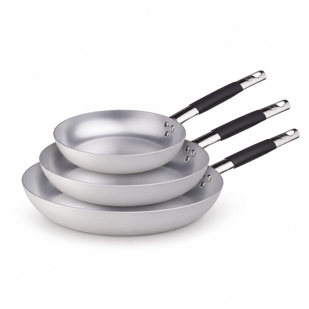 28-24-20 cm - Agnelli Alluminio 3mm Professionale Tris Padelle Basse Svasate In Alluminio Con Manico Cool Inox - Set 3 Pz