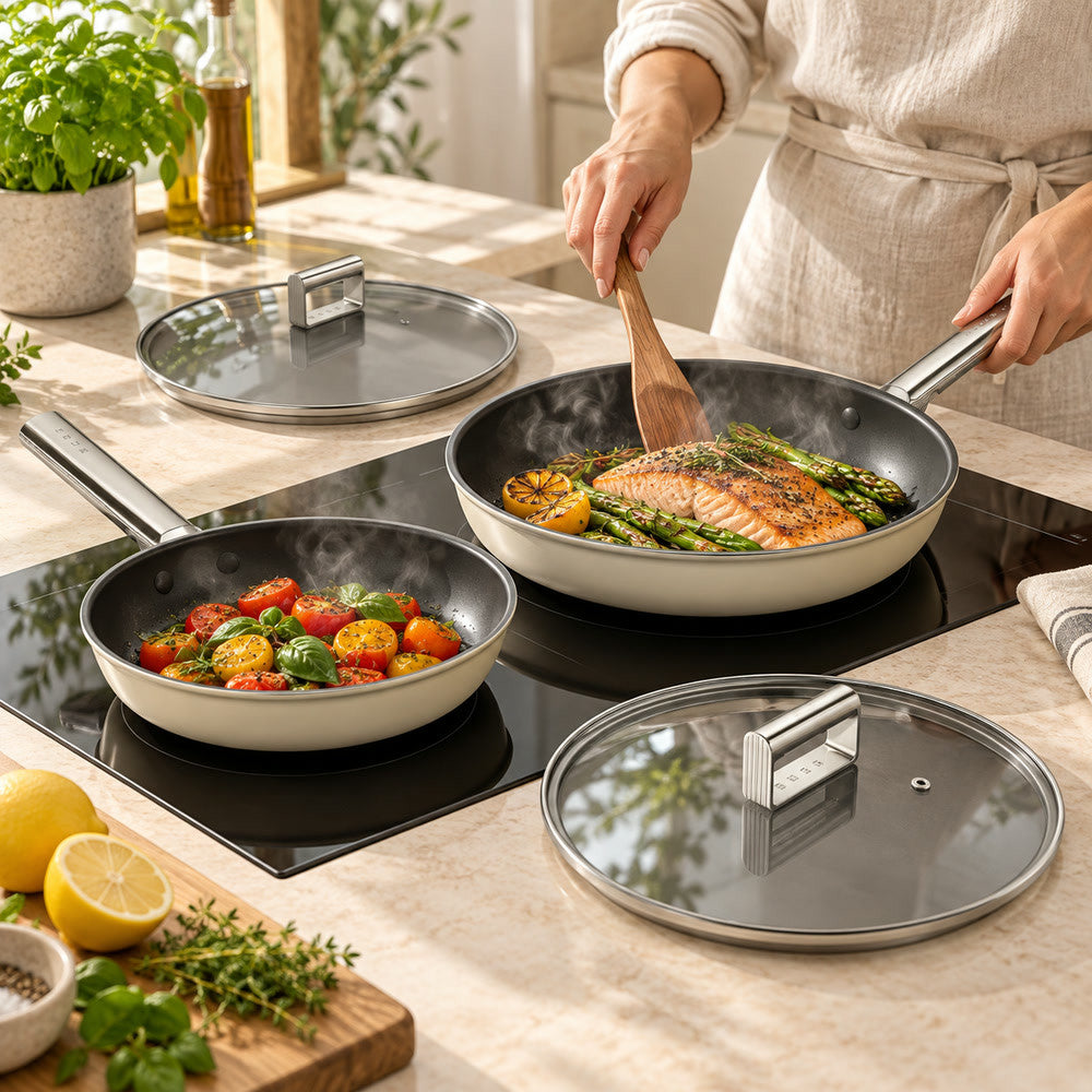 20-28 cm - Smeg Cookware Set Padelle Basse Rivestimento Ceramico In Alluminio - Set 2 Pz