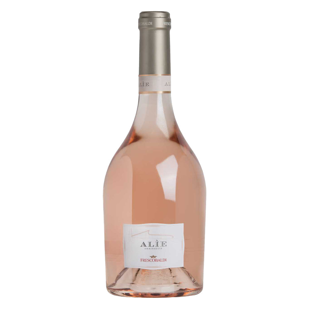 bottiglia di vetro rosa chiaro con etichetta bianca con scritte Alìe Ammiraglia Frescobaldi e tappo metallico grigio su sfondo bianco