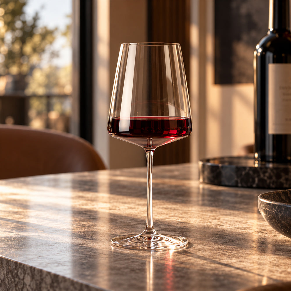 Calice con vino rosso in primo piano accanto a una bottiglia.