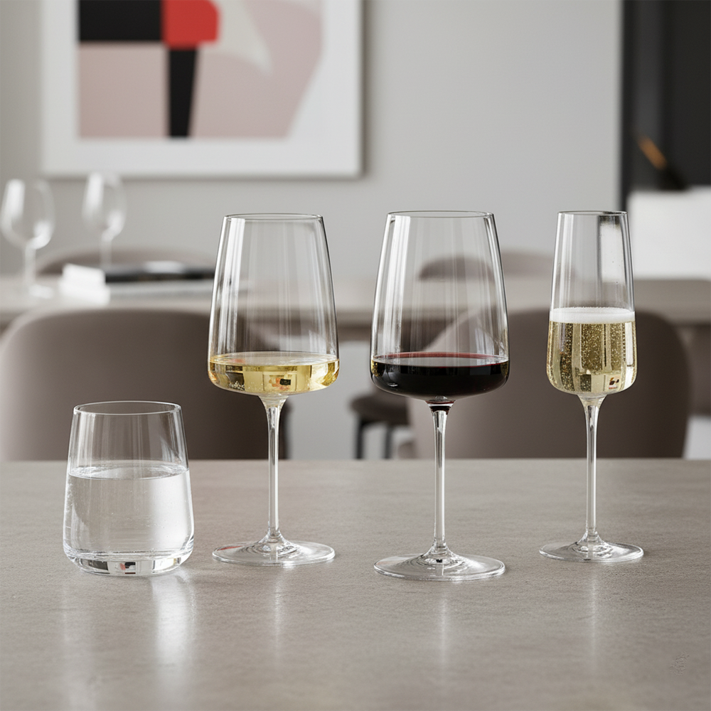 Quattro bicchieri di vetro trasparente su un piano, contenenti acqua, vino bianco, vino rosso e spumante, ambiente interno moderno.