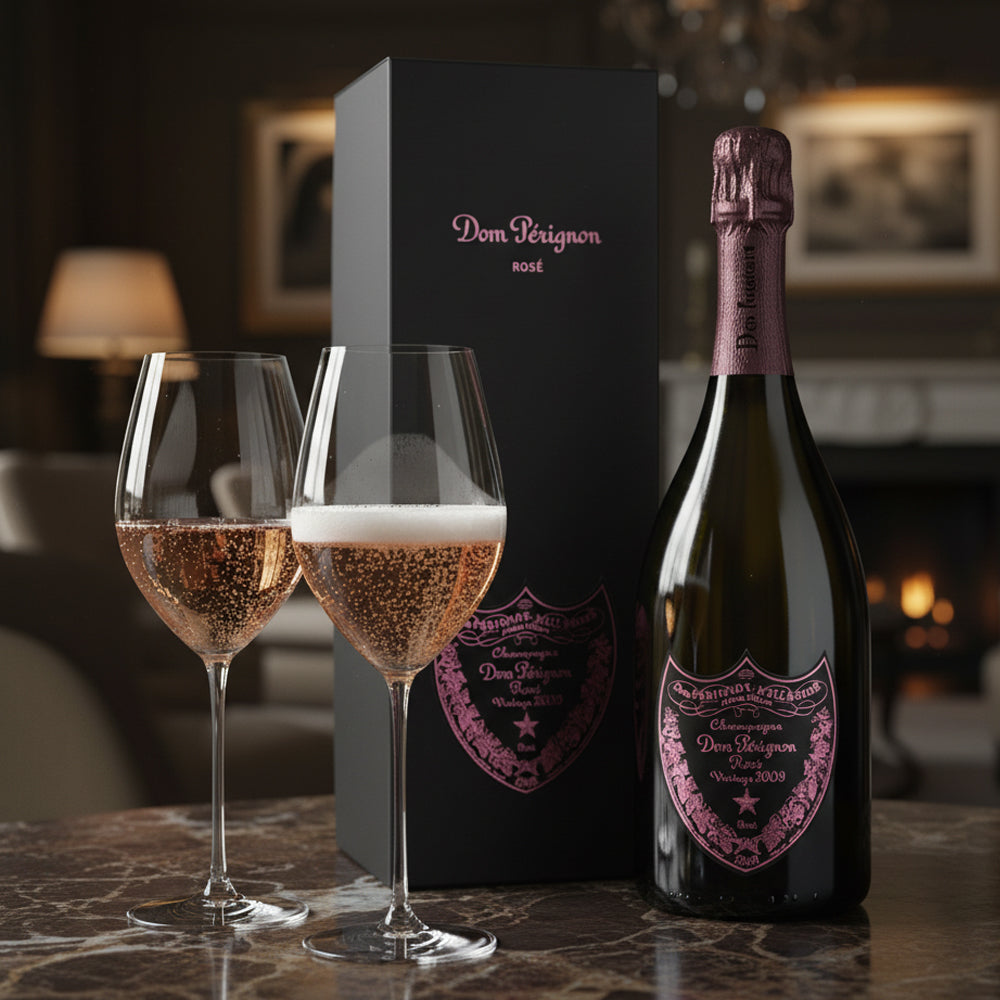 bottiglia di champagne Dom Pérignon Rosé vintage 2009 con due calici di vino rosato frizzante su tavolo di marmo, sfondo interno elegante con camino