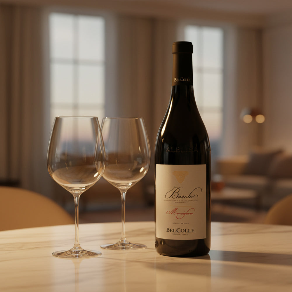 Bottiglia di vino Barolo BelColle in vetro scuro con etichetta beige e due calici di vetro trasparente su tavolo di marmo chiaro in ambiente interno