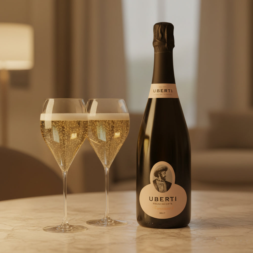 bottiglia di vino spumante Uberti Franchicorta Brut nero con etichetta beige e due calici trasparenti con spumante dorato su tavolo di marmo bianco