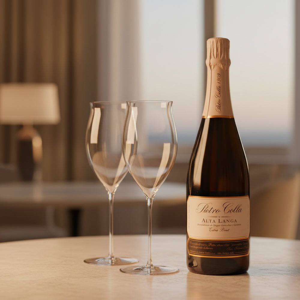Bottiglia scura di vino spumante Pietro Colla Alta Langa Extra Brut accanto a due calici trasparenti su tavolo chiaro, interno con lampada sfocata.