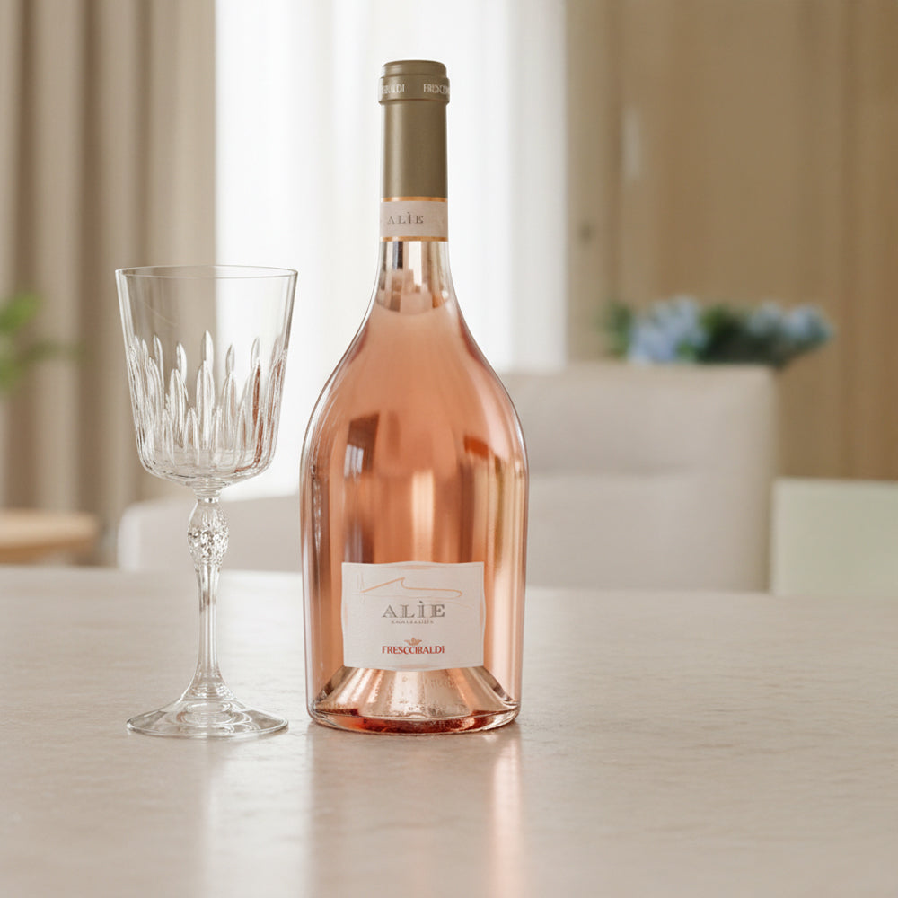 Bottiglia di vino rosato Alìe Frescobaldi in vetro trasparente e bicchiere di cristallo con gambo decorato su tavolo chiaro in interno luminoso.