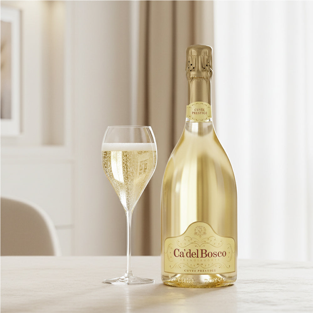 Bottiglia di spumante "Ca' del Bosco" accanto a un calice con drink. Tavolo chiaro, pareti in tonalità beige e finestre con tende chiare.