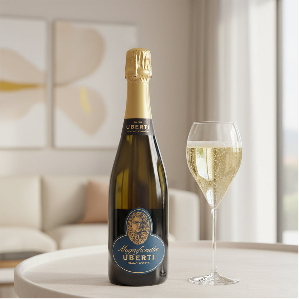 Bottiglia di vino spumante con etichetta blu "Magnificientia Uberti" accanto a un calice di champagne, in un ambiente luminoso e moderno.