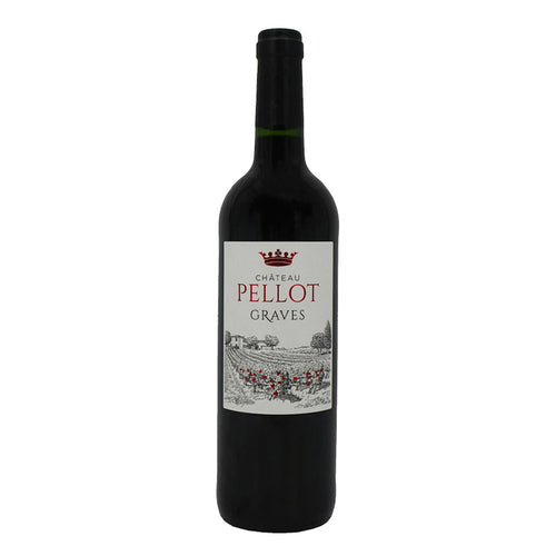 bottiglia di vino rosso Château Pellot Graves con etichetta bianca e disegno vigneto su sfondo bianco