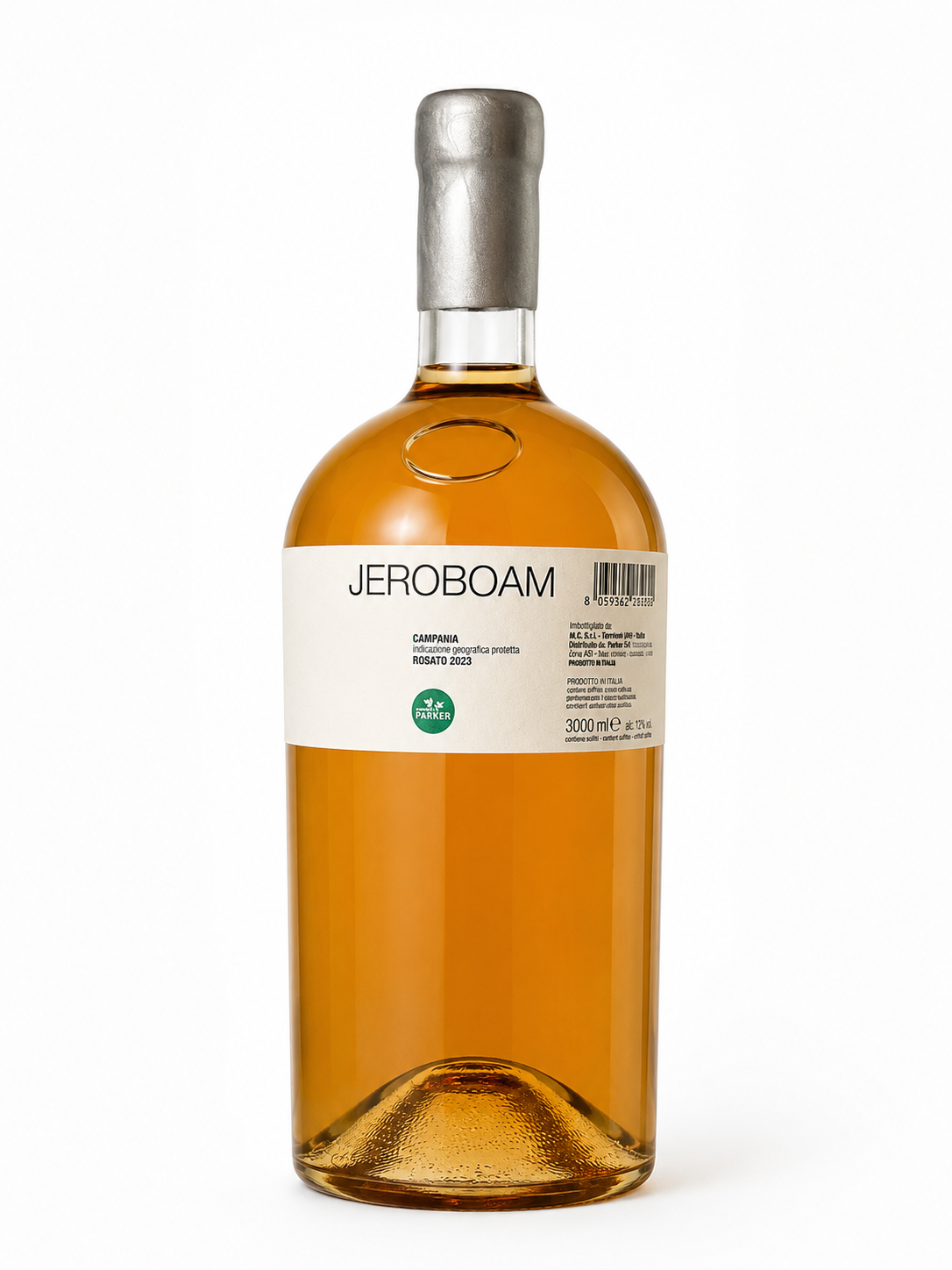 Bottiglia di vino rosato da 3000 ml con etichetta bianca, tappo metallico e liquido dorato all'interno.