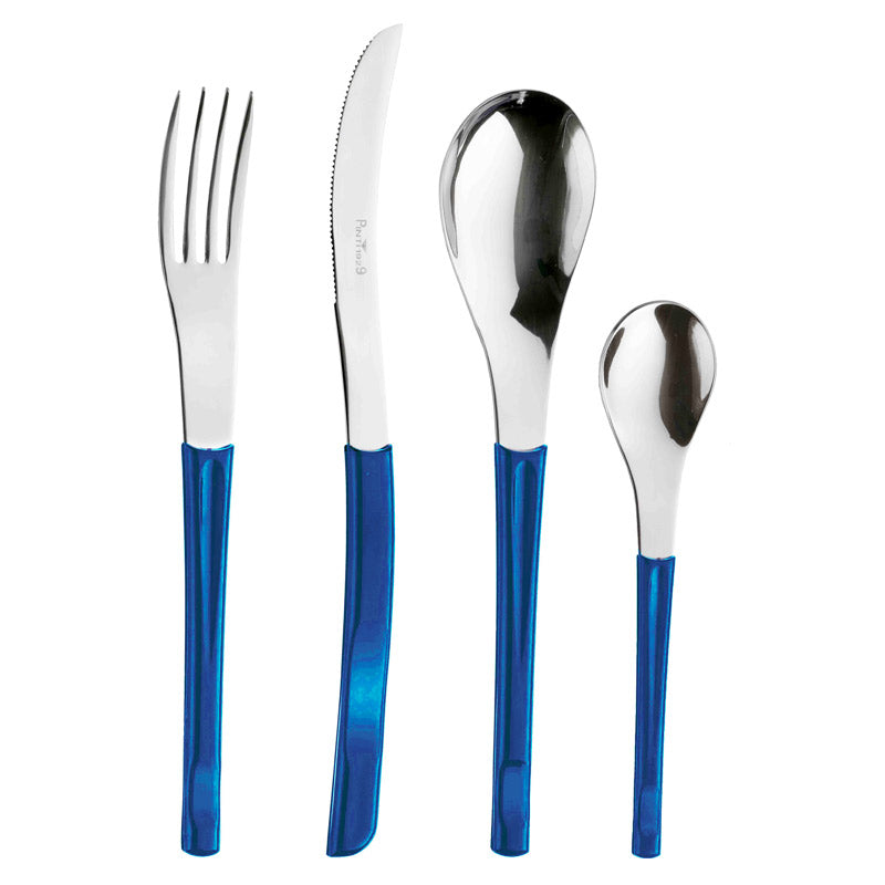 Set di posate composto da forchetta coltello cucchiaio e cucchiaino con manici blu lucidi, lame e cucchiai in