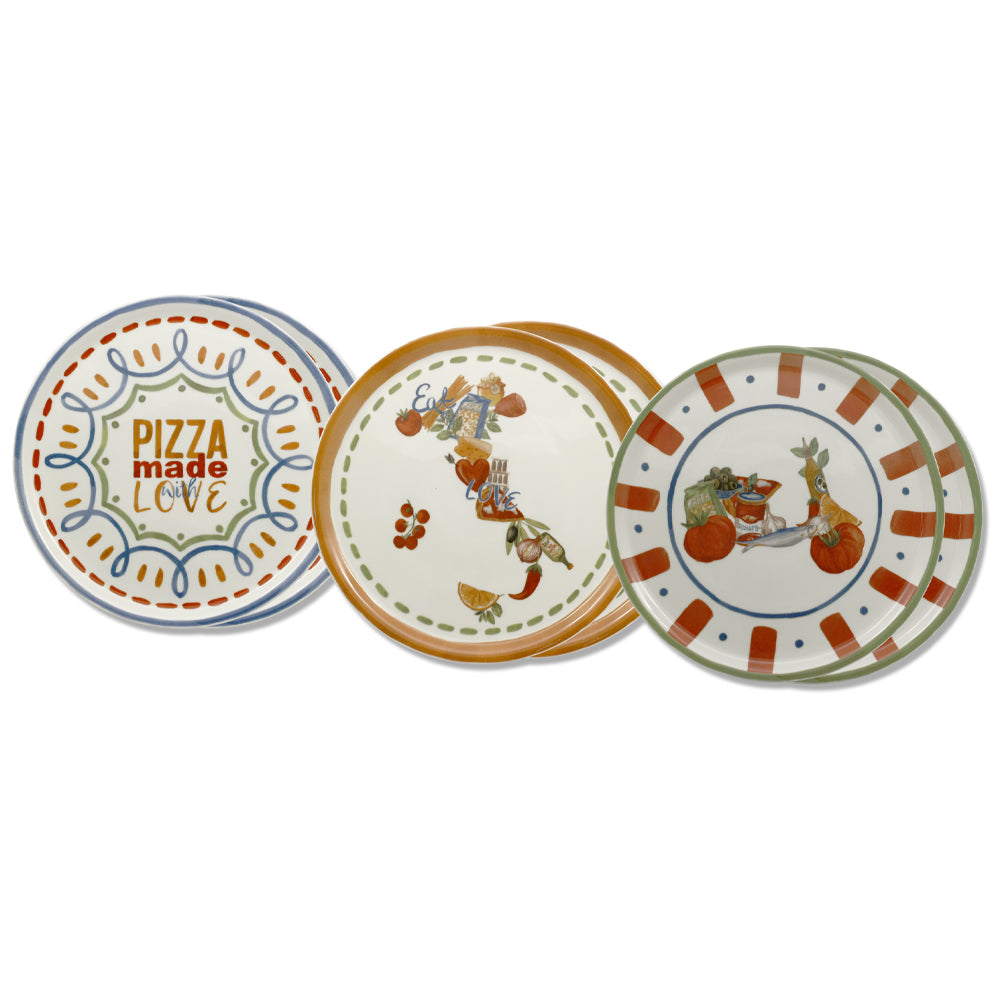 33 cm - Saturnia Pizza Handmade Piatto Pizza 3 Decori In Porcellana Set 6 Pz