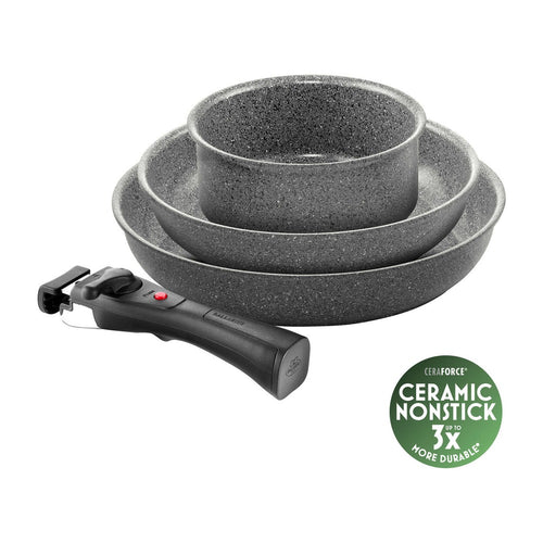 Ballarini Torre Set Padelle e Casseruole Antiaderente Ceramico In Alluminio Con Manico Rimovibile - Set 4 Pz