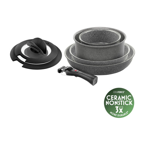 Ballarini Torre Set Padelle e Casseruole Antiaderente Ceramico In Alluminio Con Manico Rimovibile e Coperchi - Set 7 Pz