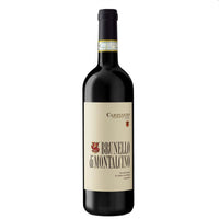 Una bottiglia di vino rosso, etichetta beige, scritta "BRUNELLO di MONTALCINO", logo in alto. Fondo bianco.