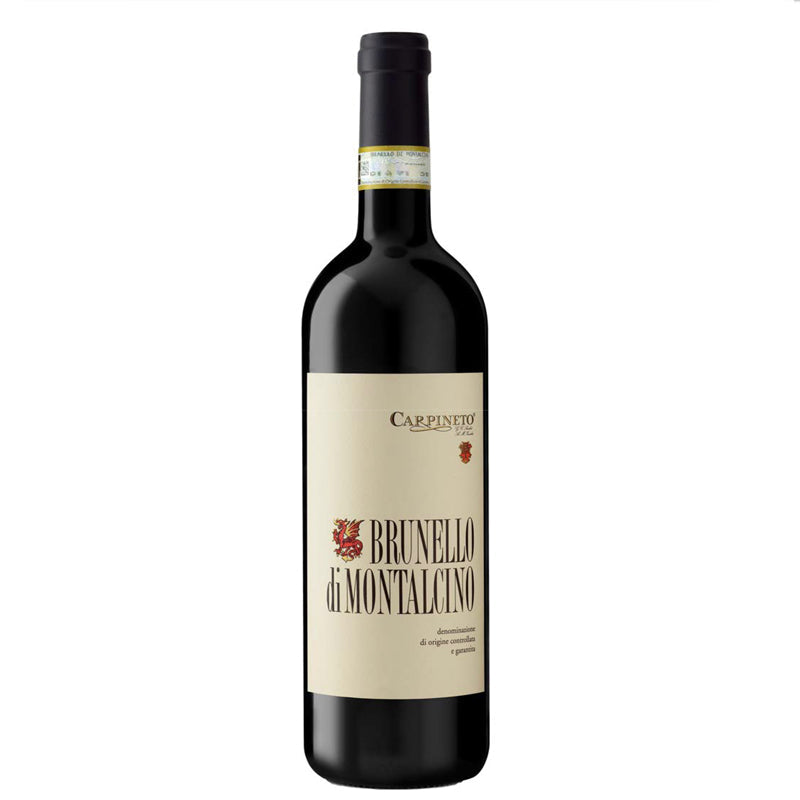 Una bottiglia di vino rosso, etichetta beige, scritta "BRUNELLO di MONTALCINO", logo in alto. Fondo bianco.