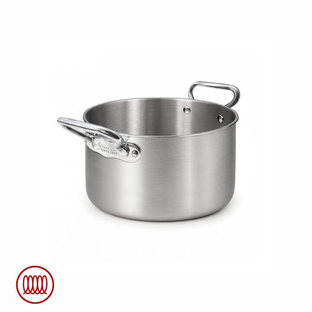 Pentola rotonda in acciaio inox con superficie spazzolata e due manici in metallo lucido, su sfondo bianco.
