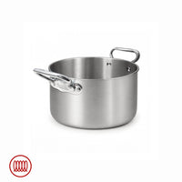 Pentola rotonda in acciaio inox con superficie spazzolata e due manici in metallo lucido, su sfondo bianco.