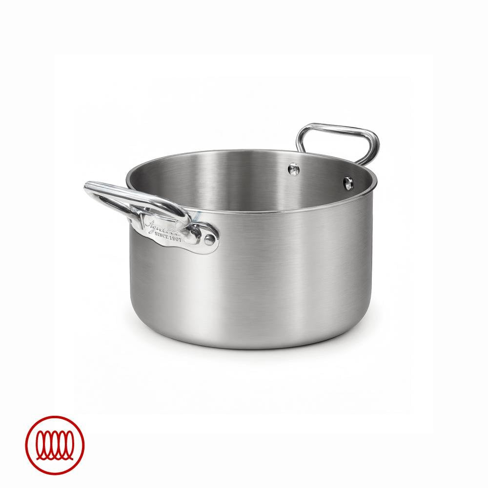 Pentola rotonda in acciaio inox satinato con due manici metallici lucidi fissati con rivetti, sfondo bianco.