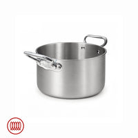 Pentola rotonda in acciaio inox satinato con due manici metallici lucidi fissati con rivetti, sfondo bianco.