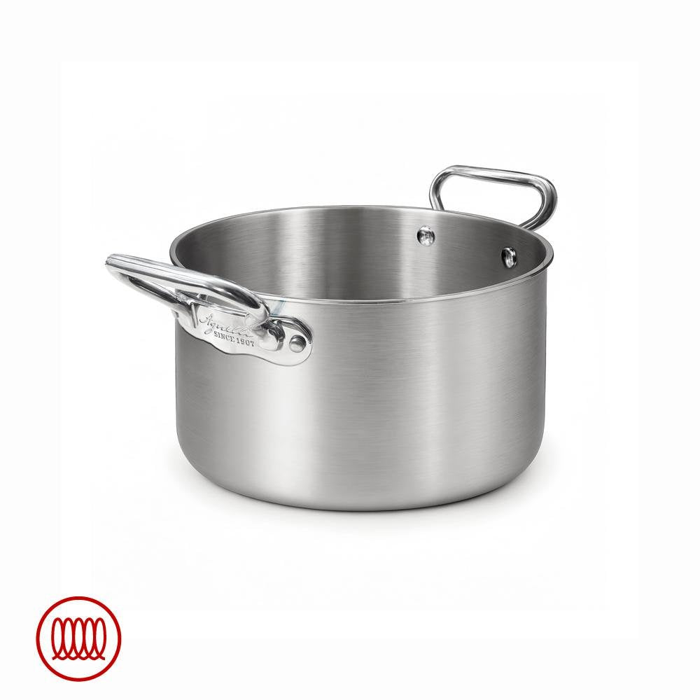 Pentola in acciaio inox satinato con due manici in metallo lucido, senza coperchio, su sfondo bianco.