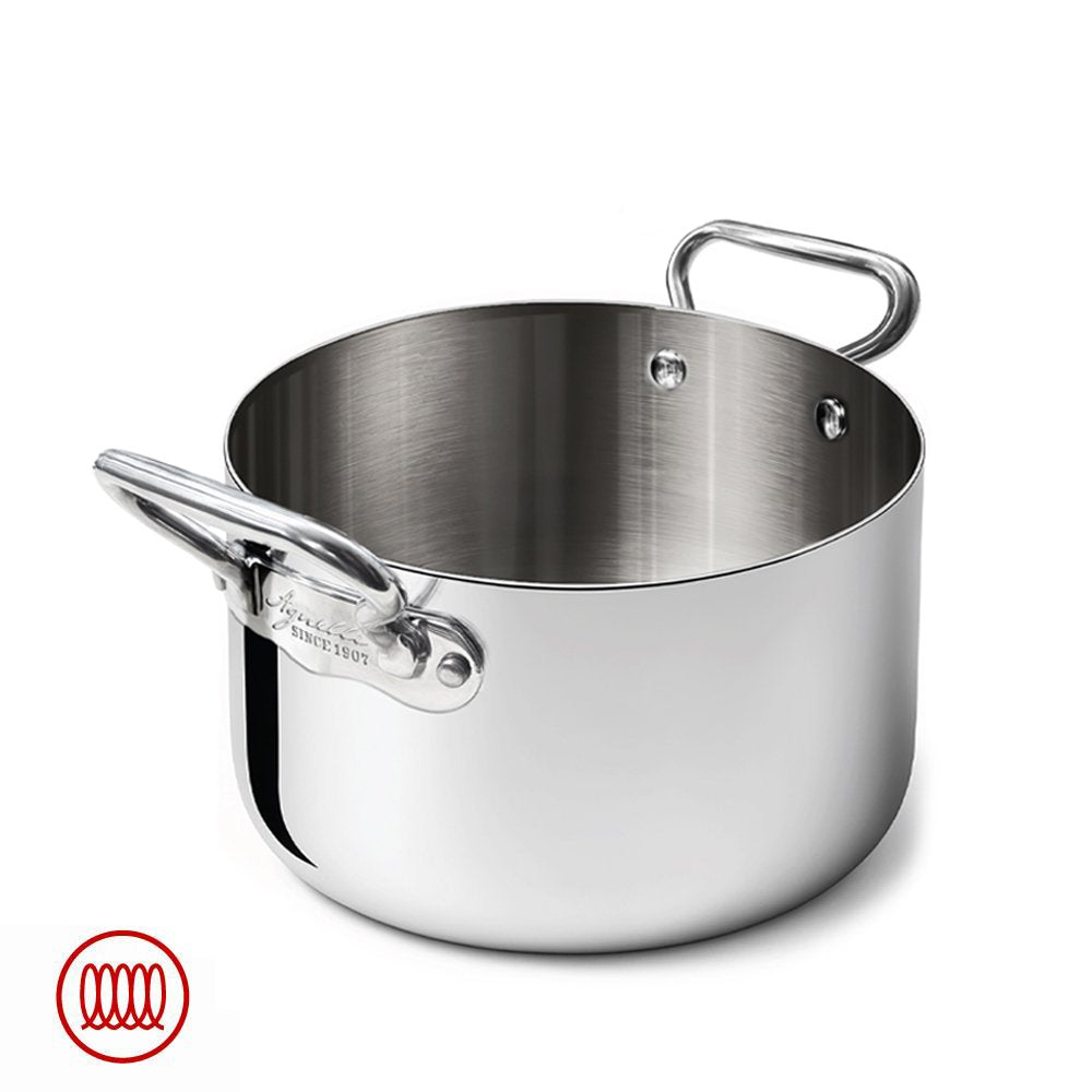 pentola rotonda in acciaio inox lucido con due manici e finitura interna satinata su sfondo bianco con logo rosso a spirale in basso a sinistra