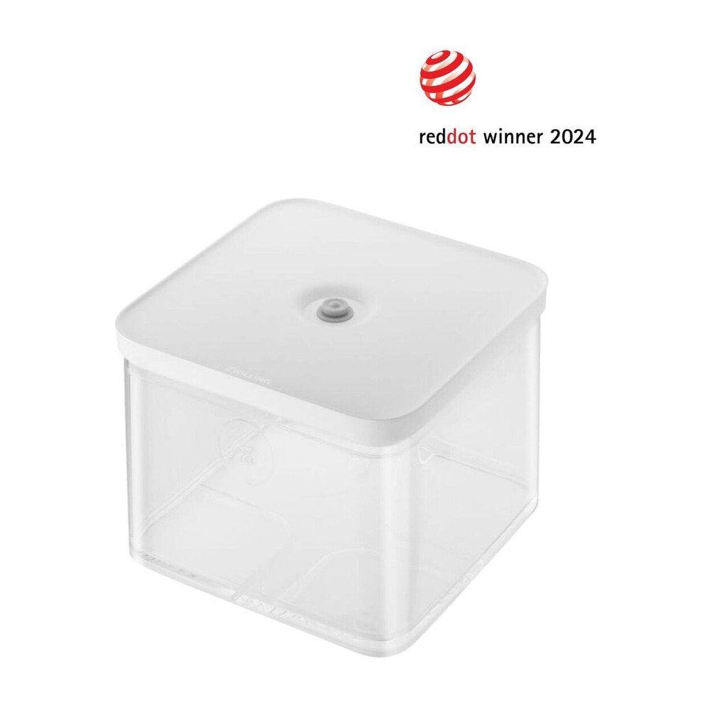 Contenitore quadrato trasparente con coperchio bianco, presenta un pulsante al centro e logo Red Dot.