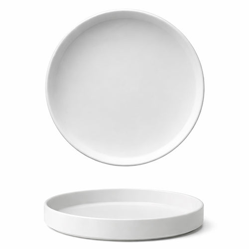 piatto rotondo bianco in ceramica con bordo alto, su sfondo bianco vista frontale e dall'alto