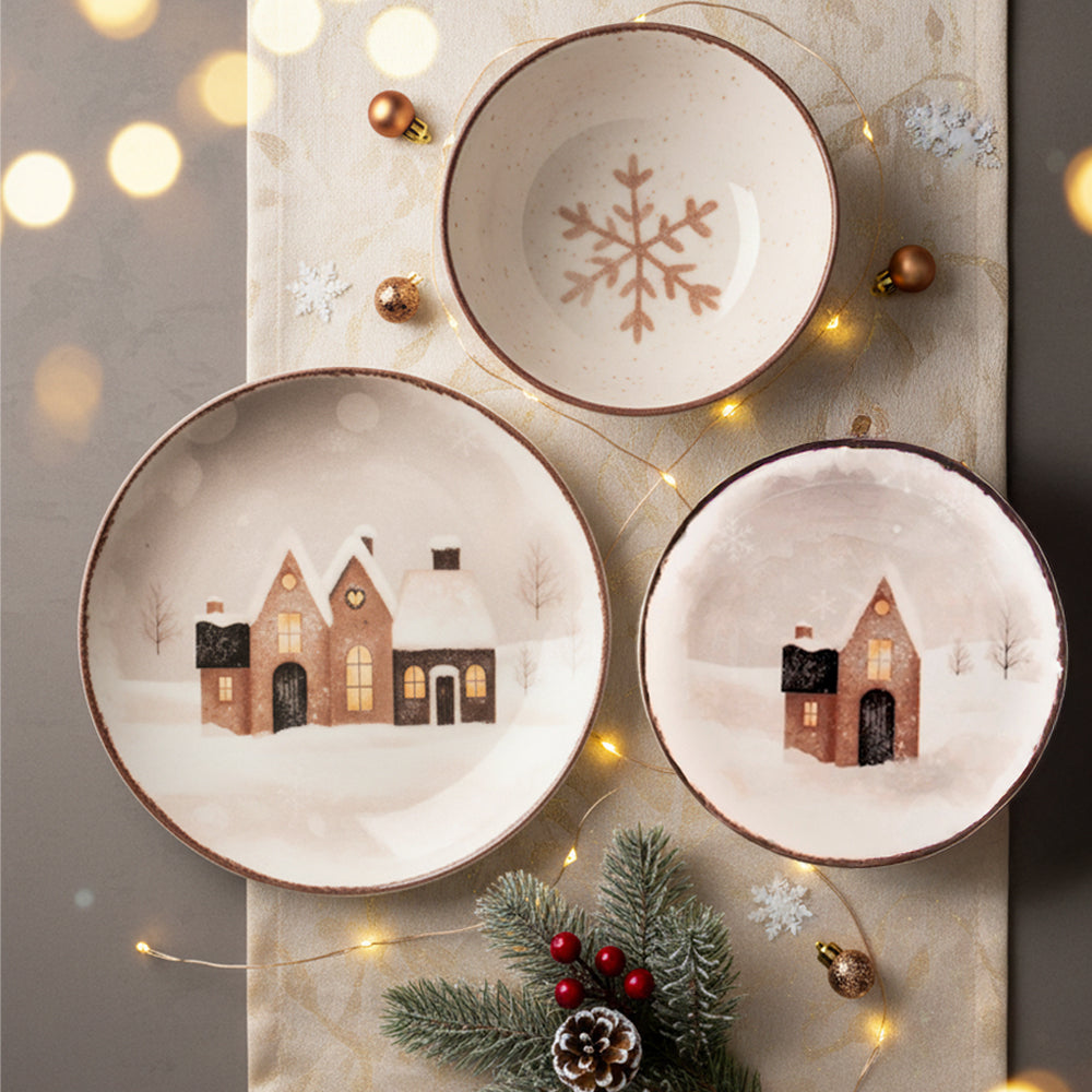 H&H Cinnamon Glows Servizio Piatti Decoro Natalizio In Stoneware Set 18 Pz