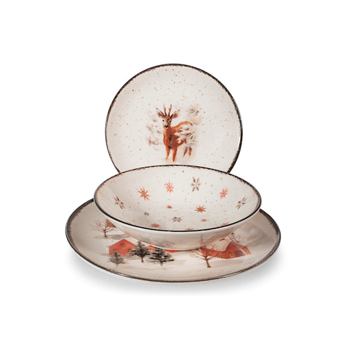 H&H Fairytale Charm Servizio Piatti Con Decoro Natalizio In Stoneware Set 18 Pz