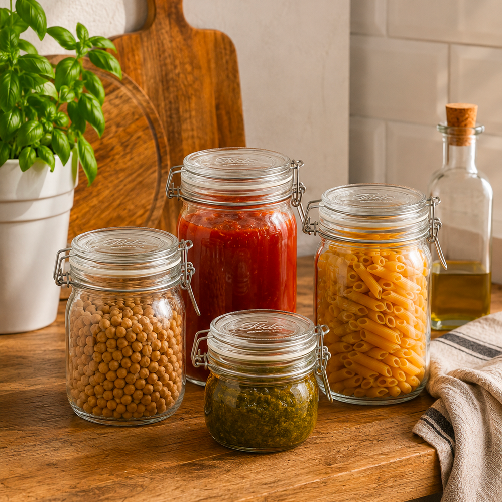 Glass jars with legumes, pasta and preserves on a kitchen counter.
