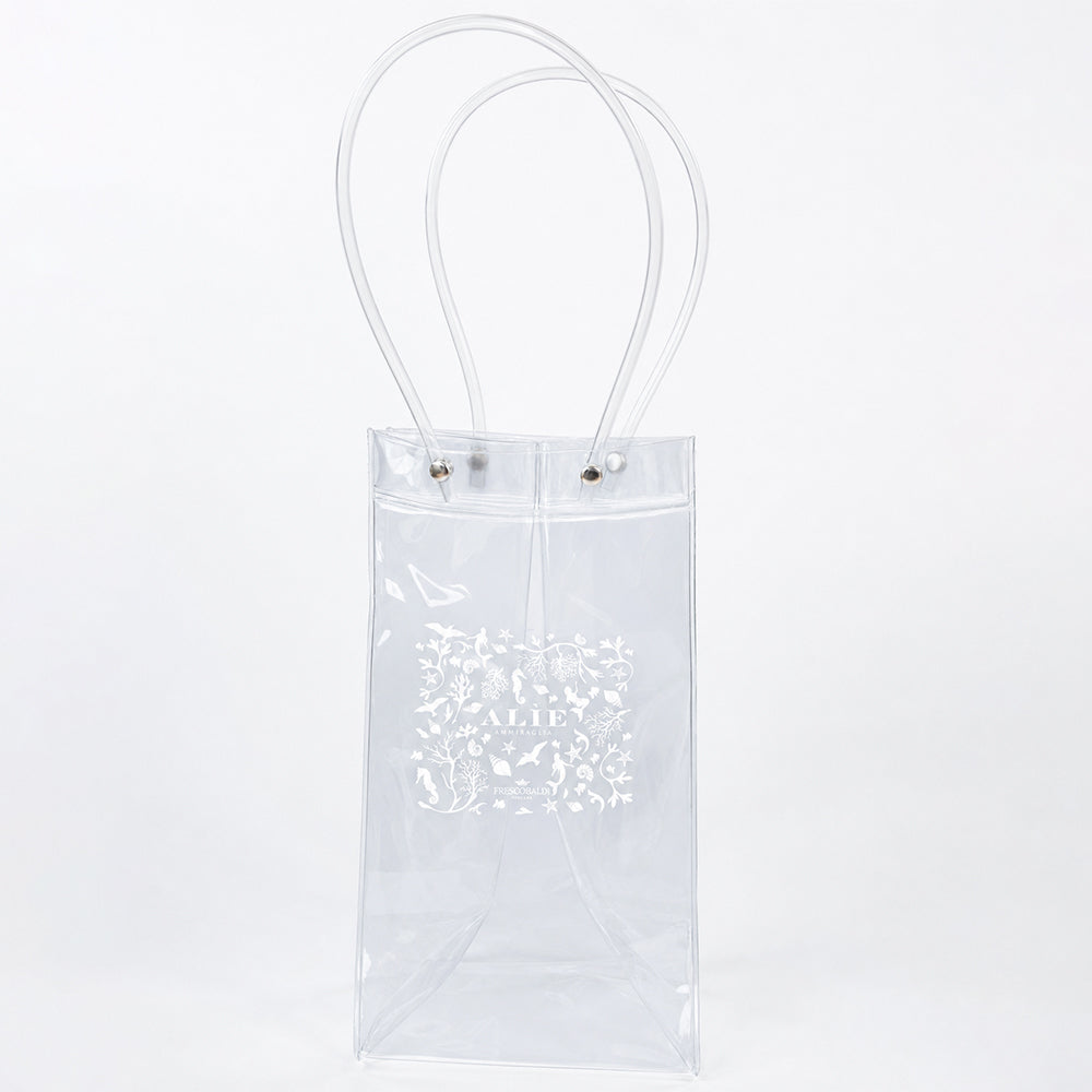 Borsa in Plastica trasparente per Bottiglie di vino, Logo con decori Marini della Cantina Frescobaldi.