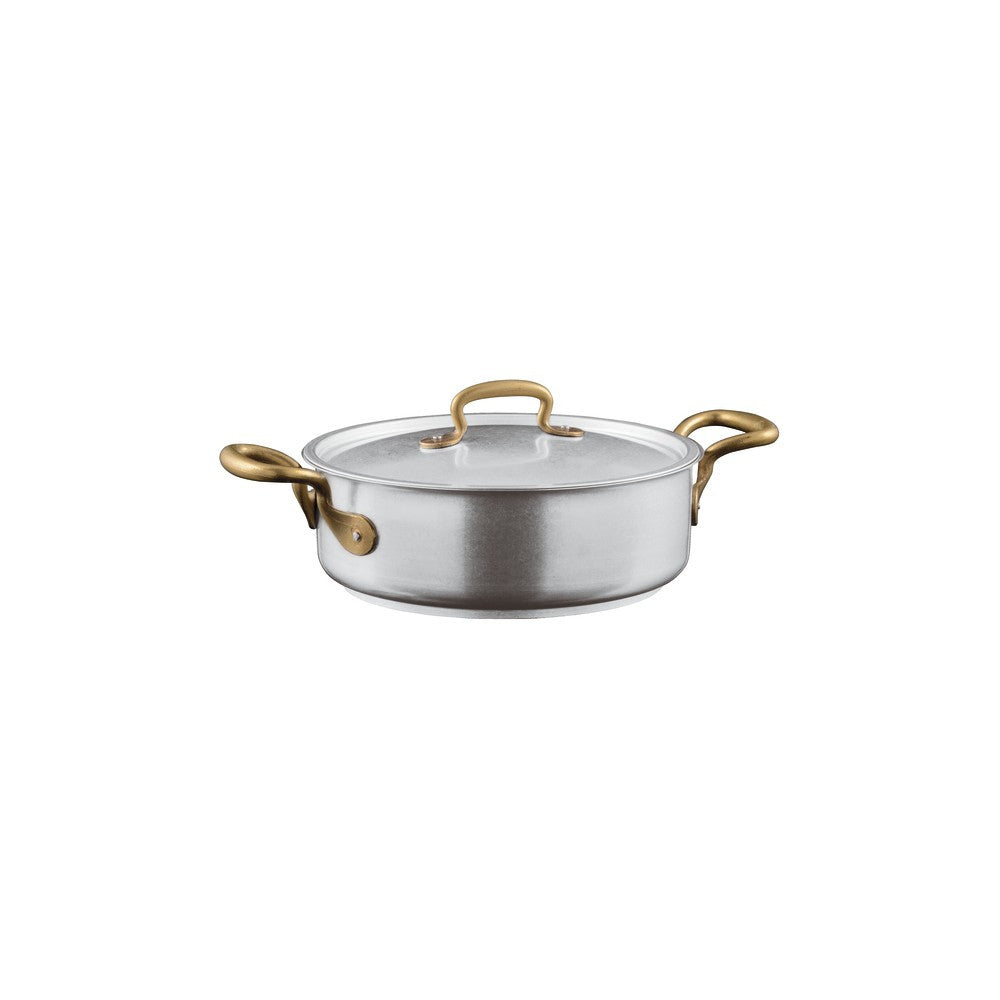 Sambonet 1965 Vintage Casseruola Bassa Con Coperchio In Acciaio Inox Manici In Ottone