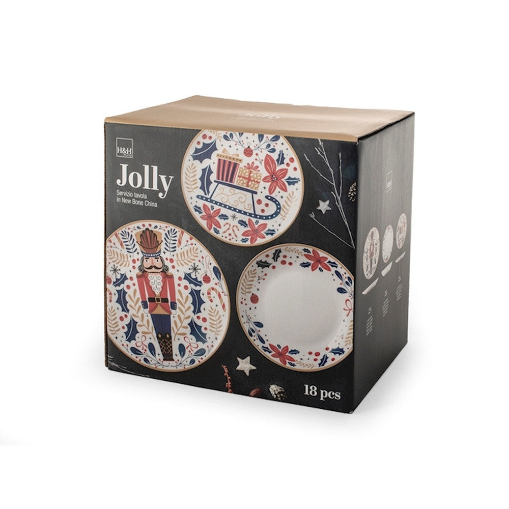 H&H Jolly Servizio Piatti Natalizio In Porcellana - Set 18 Pz