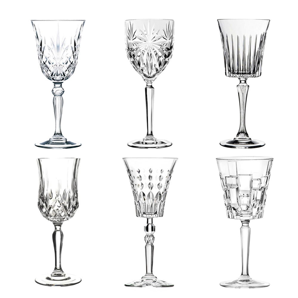 set incluye Melodia, Oasis, Etna, Timeless, Opera y Marilyn, con capacidad de 23 a 30 cl, aptos para vino, agua,
