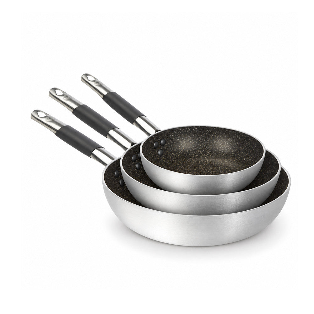 28-24-20 cm - Agnelli Effetto Pietra Tris Padelle Alte Svasate Antiaderenti In Alluminio Con Manico Cool Inox - Set 3 Pz