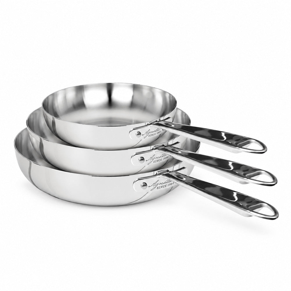 24-28-32 cm - Agnelli Alu-Inox 3-Ply Tris Padelle Alte Svasate In Alluminio Acciaio Inox Con Manico Tubolare - Set 3 Pz