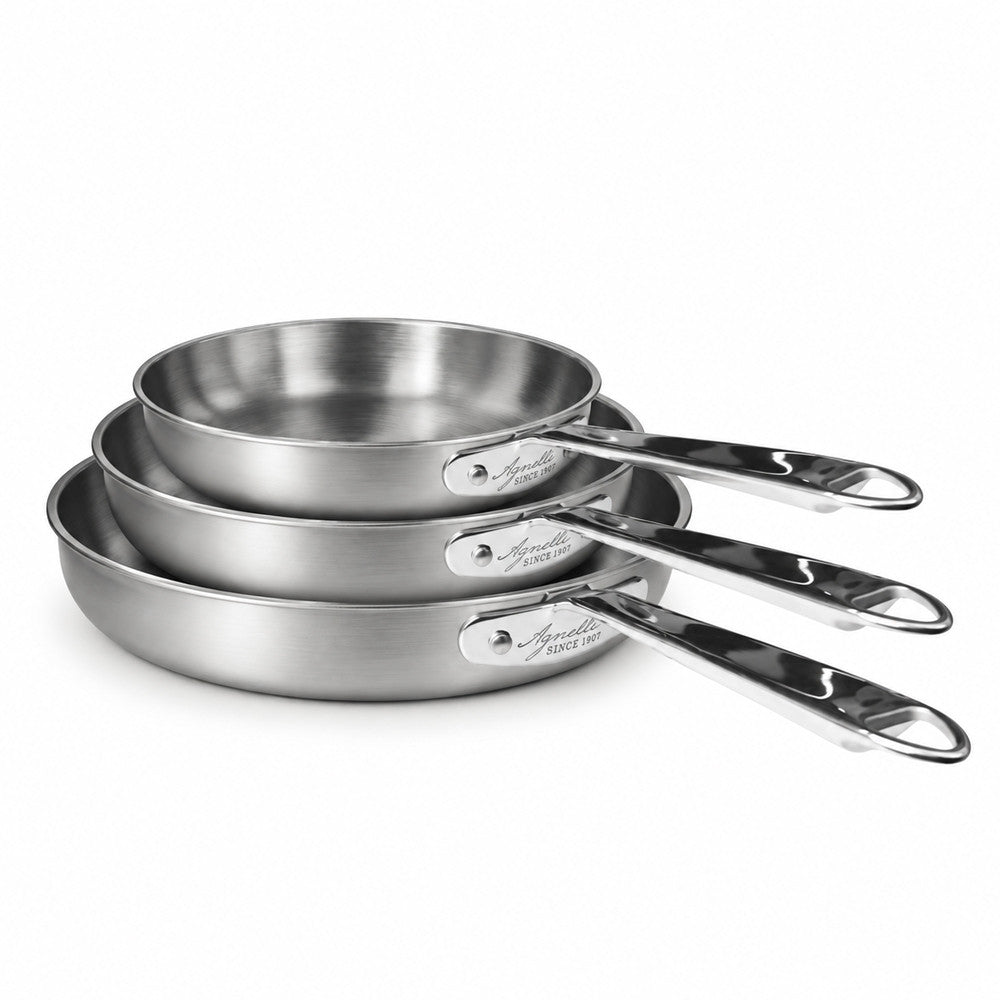28-24-20 cm - Agnelli Alu-Inox 3-Ply Tris Padelle Basse Induzione In Alluminio Acciaio Inox Con Manico Tubolare - Set 3 Pz